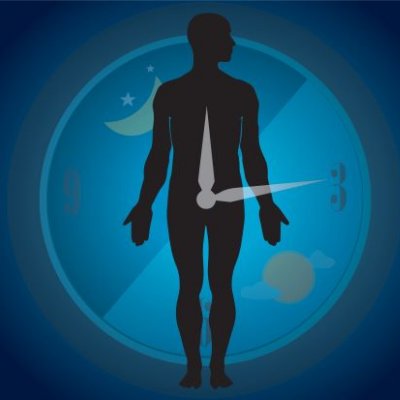 the silhouette of a person superimposed onto a graphic of a clock